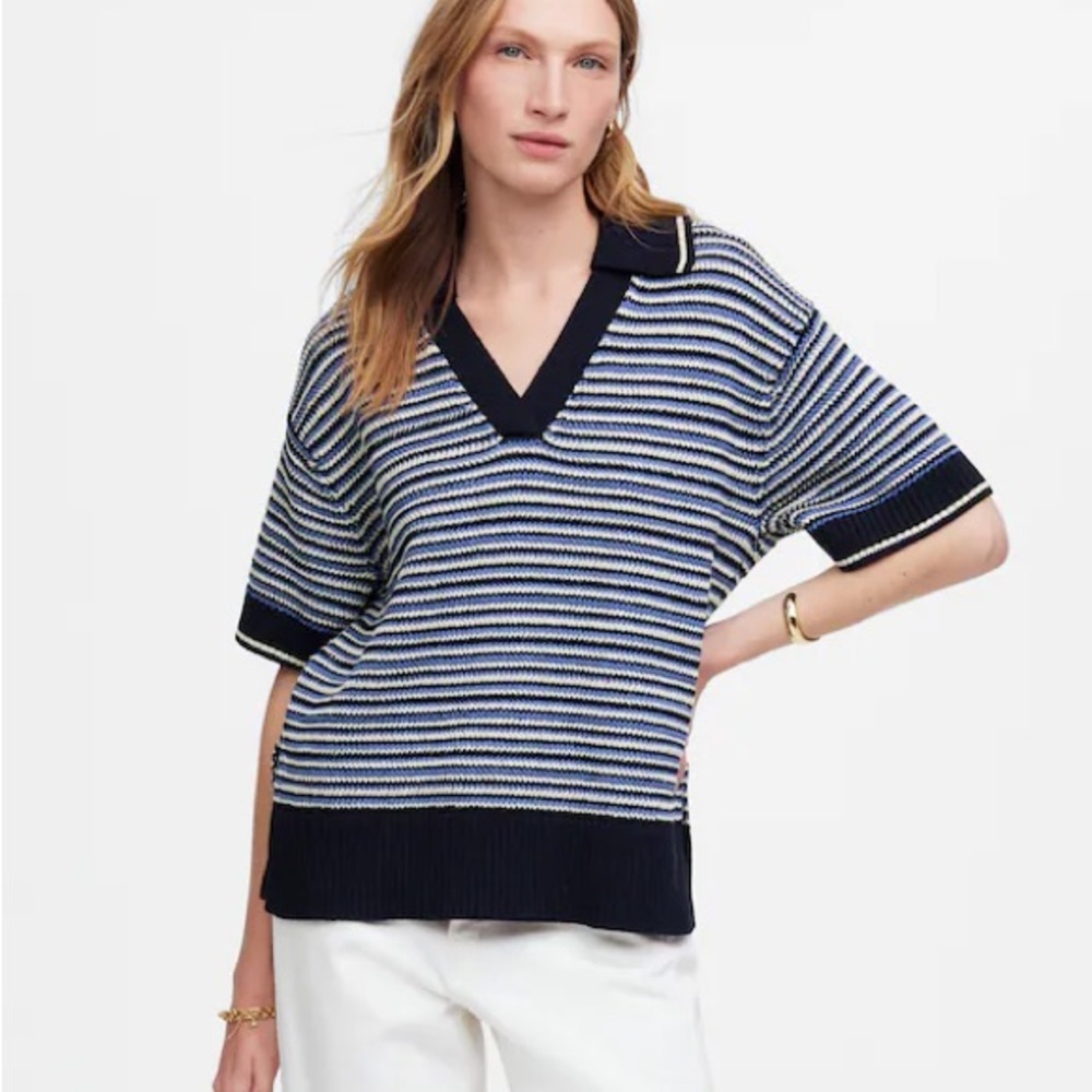 Madewell Cotton Striped Johnny-Collar Sweater Tee Blue Trio Stripe - Large